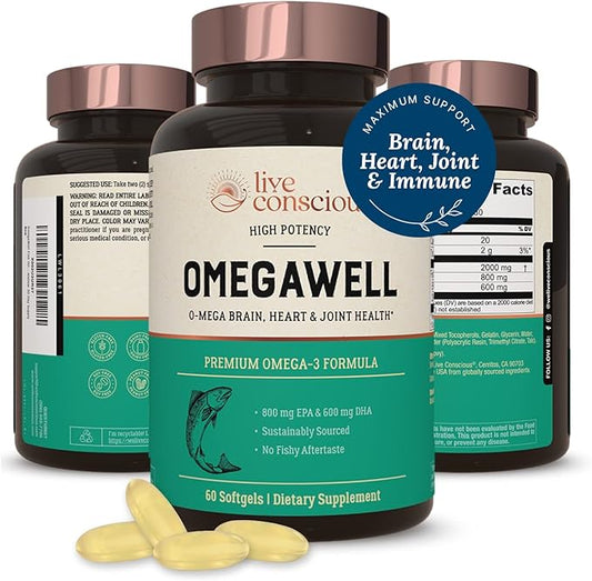 OmegaWell Omega 3 Fish Oil 2000mg Capsules: 800 mg 600 mg 30 Day