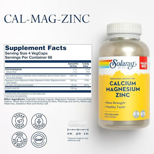 SOLARAY Calcium Magnesium Zinc Supplement 1000mg, Magnesium 500mg - 60 Day 68 Servings, 275 VegCaps