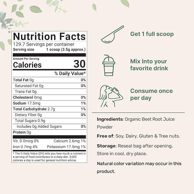 Micro Ingredients Organic Beet Root Powder, 1 Pound, Cold Pressed and Water Soluble, Beet Juice Pre-Workout Concentrated Powder, Energy & Immune System Support, Non-GMO