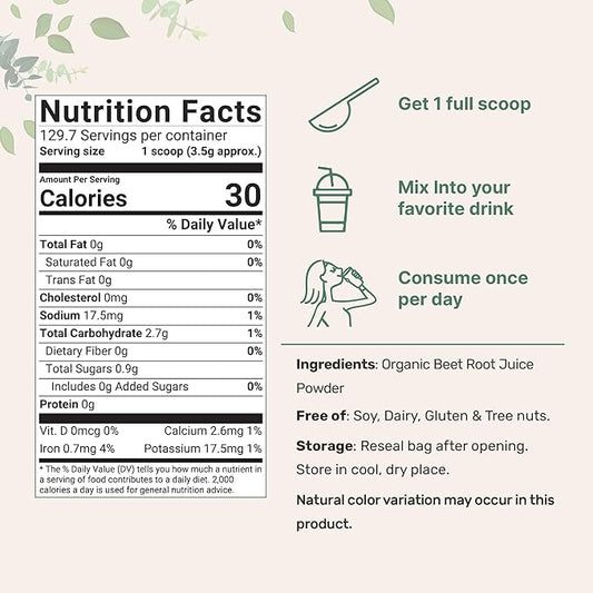 Micro Ingredients Organic Beet Root Powder, 1 Pound, Cold Pressed and Water Soluble, Beet Juice Pre-Workout Concentrated Powder, Energy & Immune System Support, Non-GMO