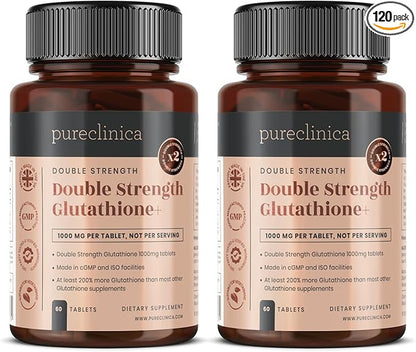 pureclinica Double Strength Glutathione 500mg x 60 Tablets 2 Bottles (120 Tablets). 500mg Reduced 300mg Vitamin 200mg Alpha 200% Stronger