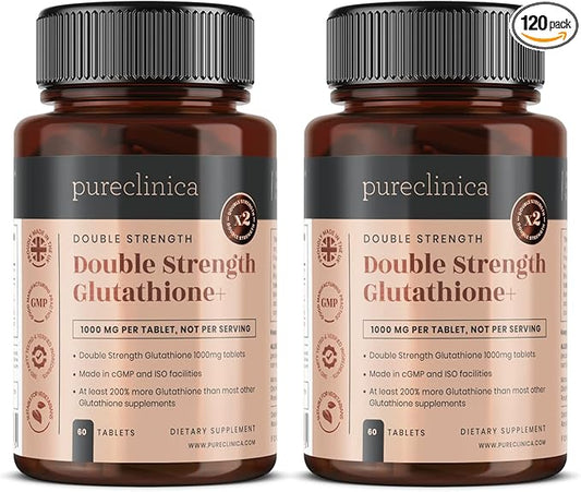 pureclinica Double Strength Glutathione 500mg x 60 Tablets 2 Bottles (120 Tablets). 500mg Reduced 300mg Vitamin 200mg Alpha 200% Stronger