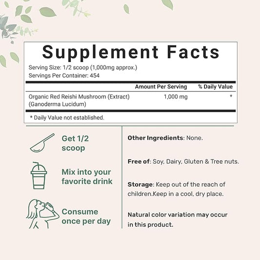 Micro Ingredients Organic Reishi Mushroom Powder, 16oz 100:1 Extract,