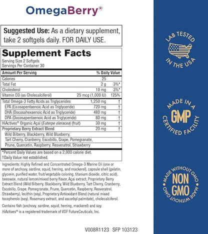 Purity Products OmegaBerry Fish Oil D3 and 1250mg Concentrated Omega-3 Fish 500mg DHA 650mg EPA 60 Soft 30 Day