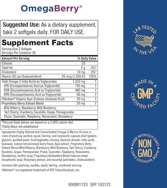 Purity Products OmegaBerry Fish Oil D3 and 1250mg Concentrated Omega-3 Fish 500mg DHA 650mg EPA 60 Soft 30 Day