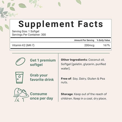 Micro Ingredients Vitamin K2 MK-7 Supplement, 200 mcg 300 Coconut