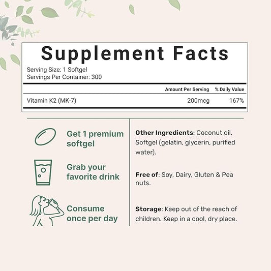 Micro Ingredients Vitamin K2 MK-7 Supplement, 200 mcg 300 Coconut