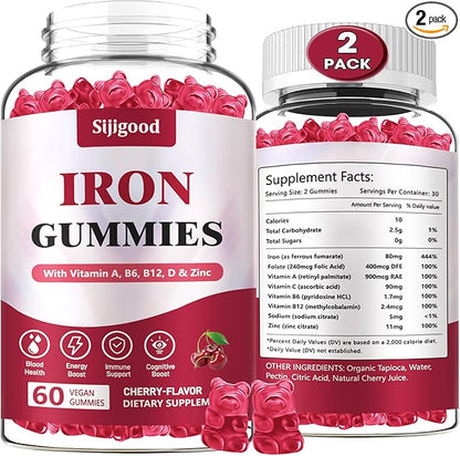 2 Pack Vegan Iron Supplement for Women, with Vitamin A, C, B6, B12, Folate and Zinc, Energy Boost, Sugar Free, No After Taste - Delicious Cherry Flavor, 120 Count