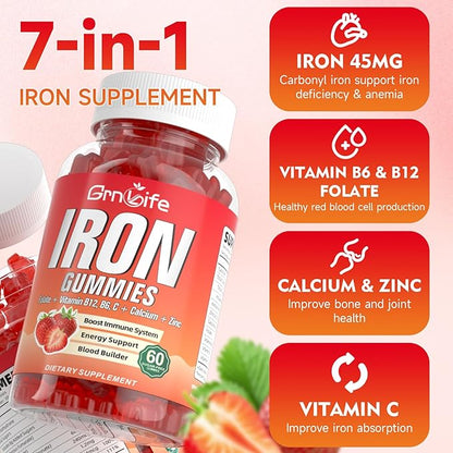 Iron Gummies for Women, Men & Kids, Sugar Free Iron Supplement with Calcium, Zinc, Folate & Vitamin B12, C, B6 - for Blood Building & Energy Support, Anemia, Strawberry, 60 Count