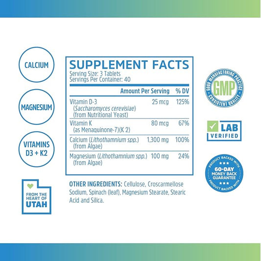 Zhou Nutrition Calcium Greens, Bone Support D3 K2, K2, 1300mg 1300mg of 120 Tablets