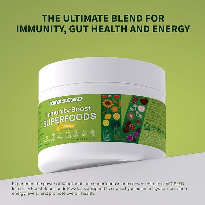 Immunity Greens Superfoods Powder,Immunity, Gut Health, Energy, Stress Relief, Skin, Nails, Hair, Improve Sleep, Overall Health, Multi-Vitamins&Minerals, 30SVG, 100 Grams