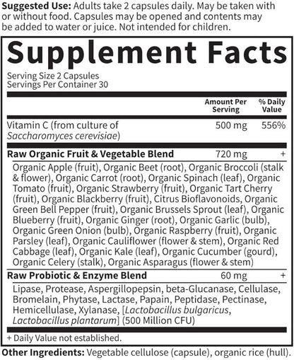 Garden of Life Vitamin Code Raw Vitamin C - 60 Capsules, 500mg Whole Food Vitamin C, Fruit & Veggie Blend, Probiotics, Vitamin C Capsules, C Vitamins Supplements for Adults, Vegan, Gluten Free