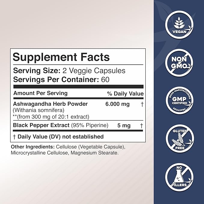 Ashwagandha Supplements - Extra Strength 6000mg 120 Veggie