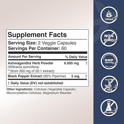 Ashwagandha Supplements - Extra Strength 6000mg 120 Veggie