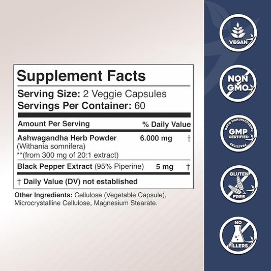 Ashwagandha Supplements - Extra Strength 6000mg 120 Veggie