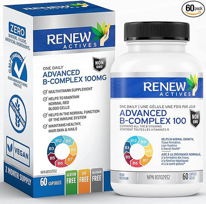Renew Actives Vitamin B Complex 100: 100% of B1, B2, B2, B3, B3, B5, B5, B-6, B-6, B-12. B-12. Promotes 60 Caps