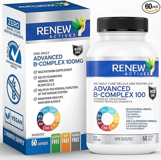 Renew Actives Vitamin B Complex 100: 100% of B1, B2, B2, B3, B3, B5, B5, B-6, B-6, B-12. B-12. Promotes 60 Caps