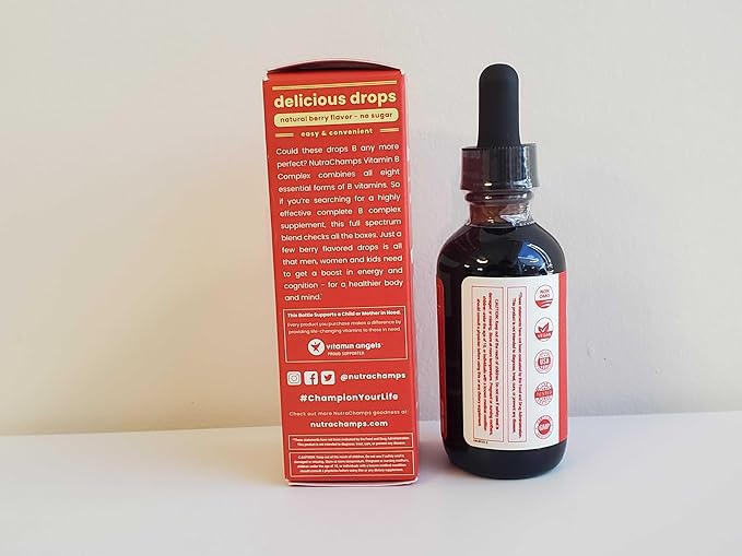 NutraChamps Vitamin B Complex Liquid Drops | B Vitamins Complex Supplement with B1, B2, B3, B6, B7, B9 & Methyl B12 Drops for Adults & Kids | Vegan Berry Flavor 2oz | 60 Servings / 2 Month Supply