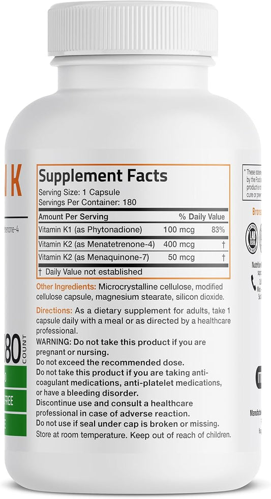 Vitamin K Triple Play (Vitamin K2 MK7 / Vitamin K2 MK4 / Vitamin K1) Full Spectrum Complex Vitamin K Supplement, 180 Capsules