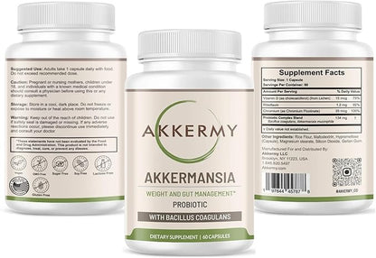 Akkermansia Probiotic for Healthy Weight - Naturally Increases GLP-1-60 Day Supply - Contains Bacillus Coagulans, Vitamins B2, D3 & Chromium - SIBO Friendly, Vegan & Gluten Free