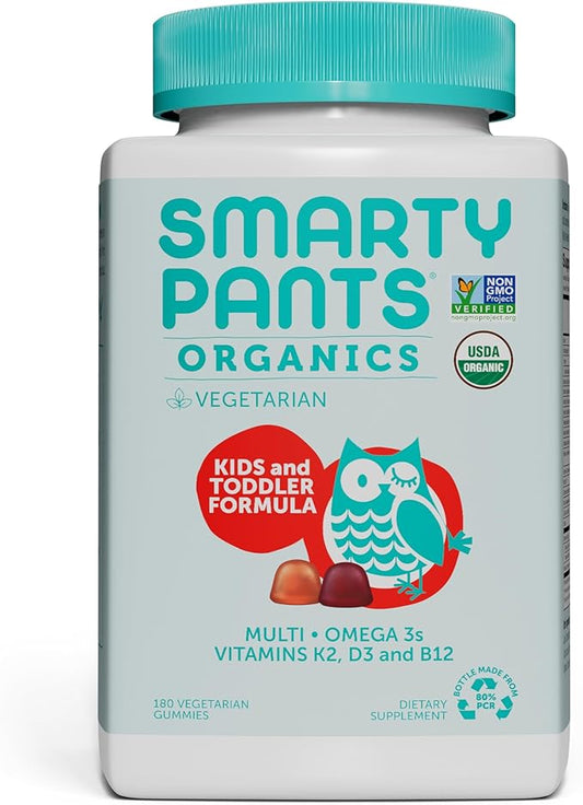 SmartyPants Organic Kids & Toddler Multivitamin 3 (ALA), D3, C, B12, B6, B6, Vitamin K2 & 180 Count