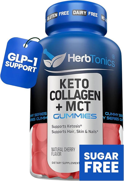 Herbtonics Keto Gummies with MCT + Collagen | Sugar Free MCT Oil Capsules | Anti Aging, Hair Growth, Skin Care & Strong Nails Protein Collagen Gummies | On-The-Go Keto Gummy
