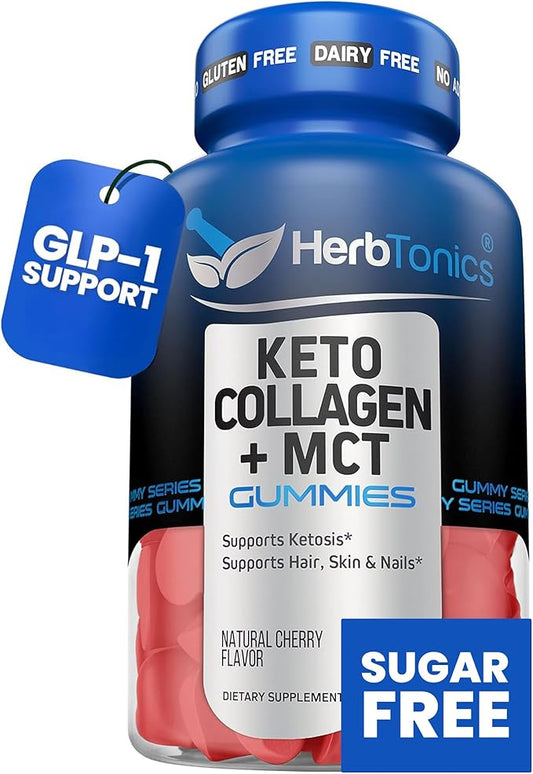 Herbtonics Keto Gummies with MCT + Collagen | Sugar Free MCT Oil Capsules | Anti Aging, Hair Growth, Skin Care & Strong Nails Protein Collagen Gummies | On-The-Go Keto Gummy