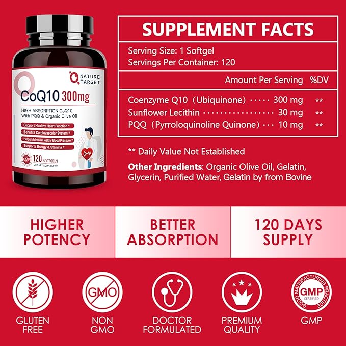 NATURE TARGET CoQ10-300mg-Softgels + PQQ with Organic-Olive-Oil Absorption-Coenzyme-Q10 - 120 Servings