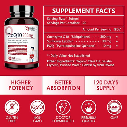 NATURE TARGET CoQ10-300mg-Softgels + PQQ with Organic-Olive-Oil Absorption-Coenzyme-Q10 - 120 Servings