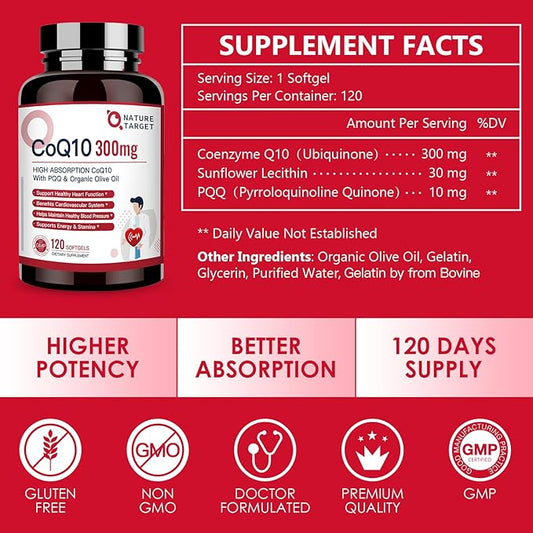 NATURE TARGET CoQ10-300mg-Softgels + PQQ with Organic-Olive-Oil Absorption-Coenzyme-Q10 - 120 Servings