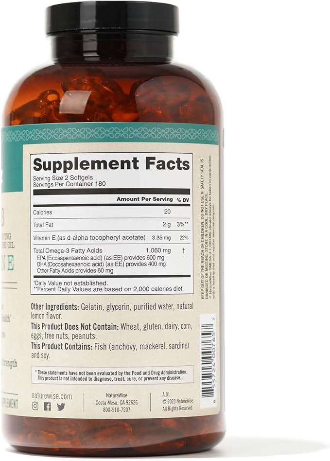 NatureWise Extra-Strength Omega 3 Fish Oil Supplement 1000mg per 600 EPA 400 DHA 360 Softgels[6-Month Softgels[6-Month Supply]