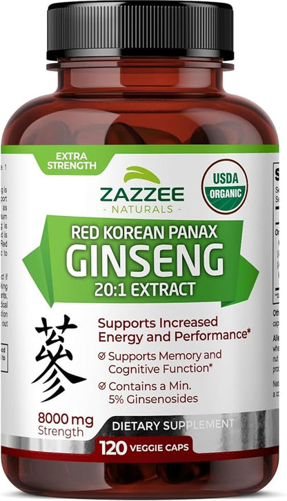 Zazzee USDA Organic Red Korean Panax 20:1 Extract, 8000 mg 5% Ginsenosides, 120 Vegan 20X Root 100% Vegetarian,