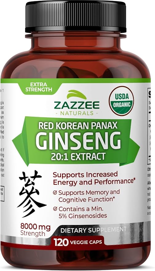 Zazzee USDA Organic Red Korean Panax 20:1 Extract, 8000 mg 5% Ginsenosides, 120 Vegan 20X Root 100% Vegetarian,