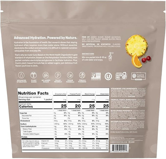 Cure Hydration | Plant-Based Electrolyte Drink Mix | No Added Sugar | FSA & HSA | Non-GMO | Vegan | 28ct - Tropical Variety Pack