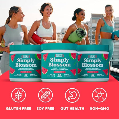 Simply Blossom Nutrition Daily Greens & Superfood Powder + Collagen + Probiotics for Women's Digestive Health & Bloating Relief. Help Your Health Bloom - 3 Month Supply - Watermelon