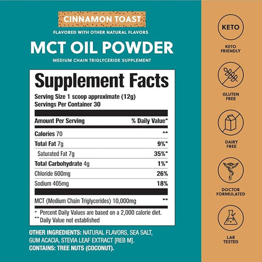 Perfect Keto 7g MCT Oil Powder, Medium Chain Triglycerides Supplement, Non Dairy Coffee Creamer for Keto Diet, Ketogenic MCT Oil Mix for Coffee, Smoothie, Protein Shakes, Cinnamon Toast, 30 Servings
