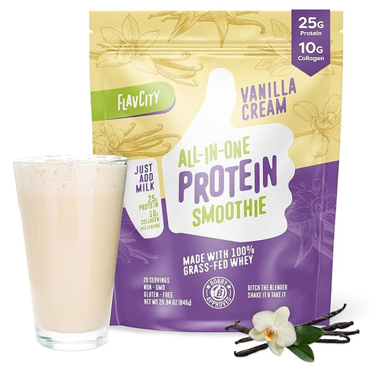 FlavCity Protein Powder Smoothie, Vanilla 100% Grass-Fed (25g of (29.84 oz)