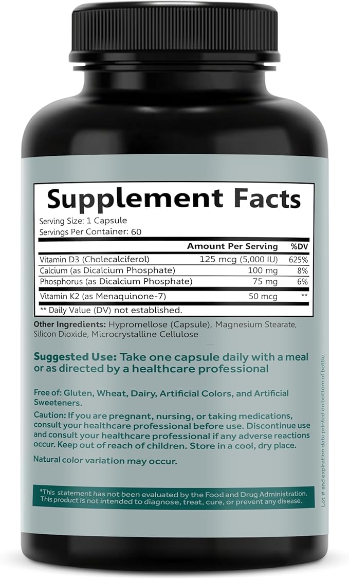 Vitamin D3 K2 D3 5000 5000 IU K2 as MK-7, Calcium, 60 Vegcaps, 60 Day