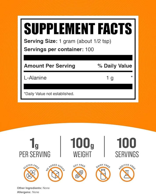 BulkSupplements.com L-Alanine Powder - Alanine Supplement, L-Alanine 1000mg - Amino Acid Supplement, Amino Acid Powder - Unflavored & Gluten Free, 100g (3.5 oz) (Pack of 1)