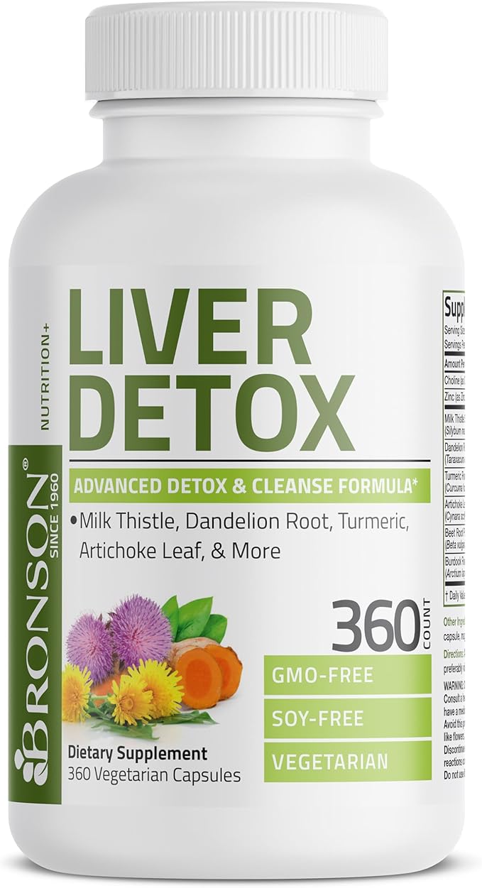 Bronson Liver Detox Advanced Detox & Cleansing Formula Supports Health Liver Function with Milk Thistle, Dandelion Root, Turmeric, Artichoke Leaf & More, Non-GMO, 360 Vegetarian Capsules