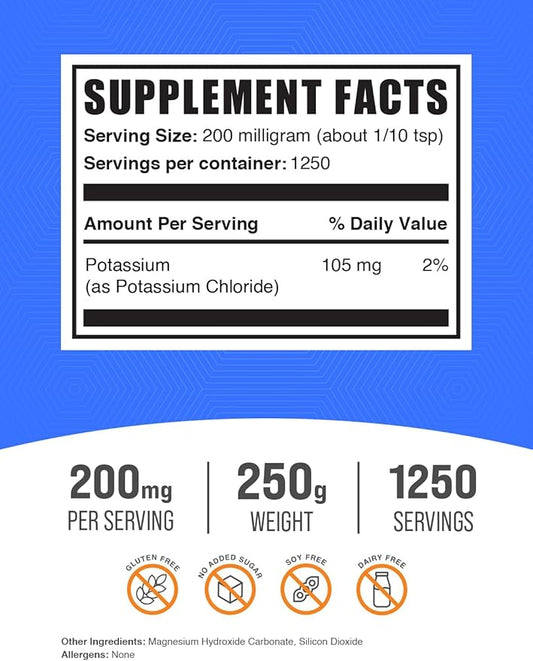 BulkSupplements.com Potassium Chloride Powder - Potassium Supplement Powder, Potassium Chloride Salt Substitute, Potassium Salt - Gluten Free, 200mg per Serving, 250g (8.8 oz) (Pack of 1)