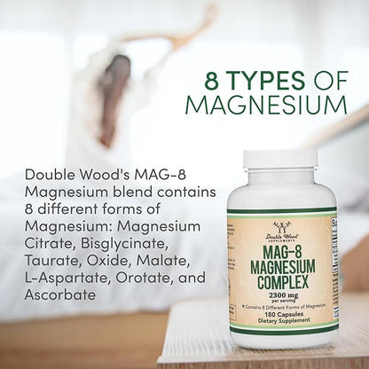 Magnesium Complex Supplement 180 Capsules (436mg Elemental Magnesium Provided by 2,300mg of Eight Different Forms of Magnesium) MAG-8 Provides 100% Daily Recommended Value of Magnesium by Double Wood