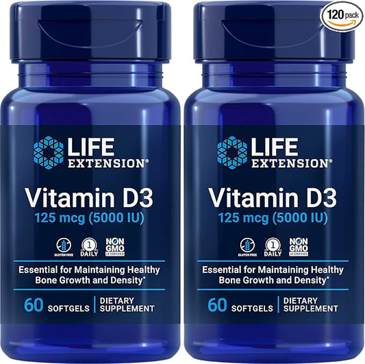 Life Extension Vitamins & Supplements D3, 5000 5000 IU, 120 Softgels (2 Pack 60 Softgels