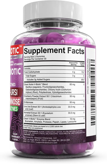 Clean Nutraceuticals Vaginal Probiotics for Women Gummies with Cranberry, Uva Ursi, Horsetail, D-Mannose, Prebiotics & Digestive Enzymes, Vaginal Health Supplement for pH Balance Flora Odor VBiotic