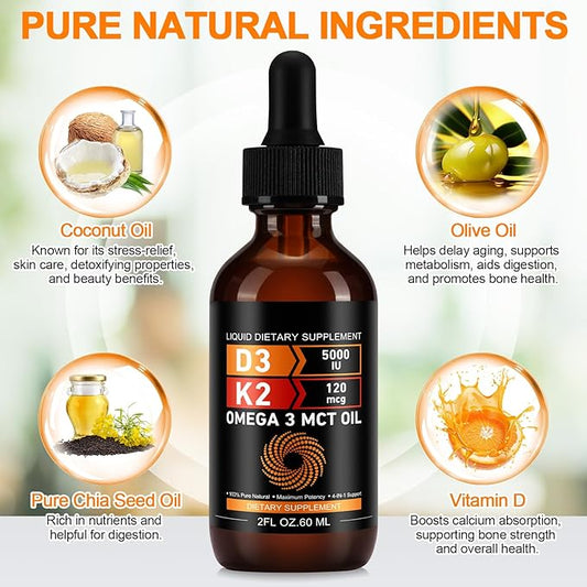 Vitamin D3 5000 IU & K2 (MK-7) 120 mcg 60ml Drops with MCT Oil Omega 3, Liquid Vitamin D3 & K2 Supplements - 2 Months Supply -Supports Bones, Teeth, Mood & Immune System, Calcium Absorption