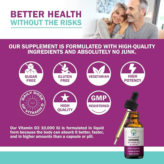 Vitamin D Liquid Drops for Adults: Vegan D3 10000 IU for Immune Support & Bone Strength Supplements, Non-GMO & Gluten Free Liquid Vitamin D for Women & Men, 30ml, 30 Servings