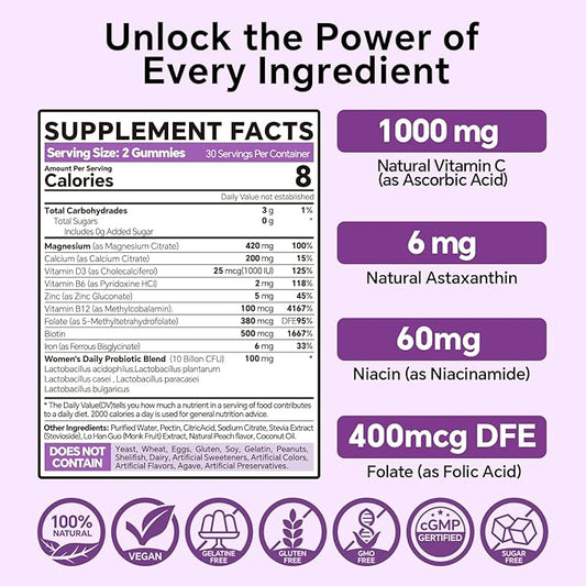 Magnesium Citrate Gummies 420mg for Adult - Dual Layer - w/ 10 Billion CFU - 5 Strains Probiotics & Calcium,D3,Biotin,Iron,B6,B12,Folate,Supports for Bone,Nerve,Relaxation,Muscle - Vegan 60 Cts