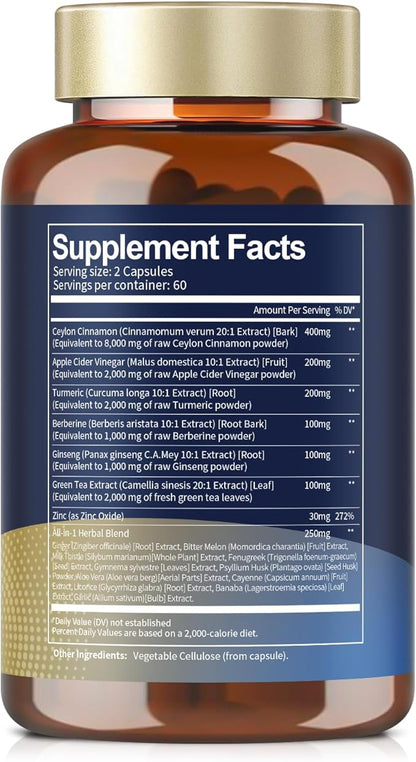 18-in-1 Ceylon Cinnamon Capsules, Ultra Strength 8000mg, Berberine Heart,120 Caps