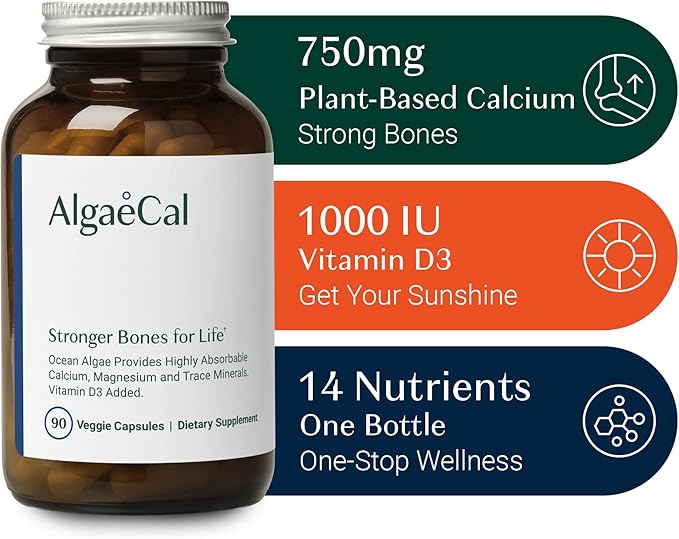 ALGAECAL - Plant Based Calcium Supplement D3 (1000 (1000 IU) 13 Minerals 90 Veggie 3 Month