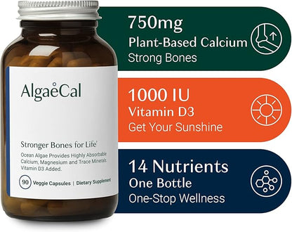 ALGAECAL - Plant Based Calcium Supplement D3 (1000 (1000 IU) 13 Minerals 90 Veggie 3 Month